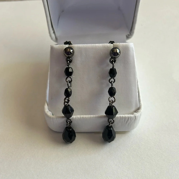 3/$20 Silver Tone Black Crystal Long Tier Dangling Drop Stud Earrings - Picture 1 of 3